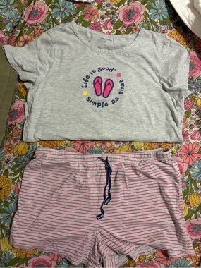 Life Is Good Light Gray Tee with Pink Flip-Flop Graphic & Pink-Striped Shorts